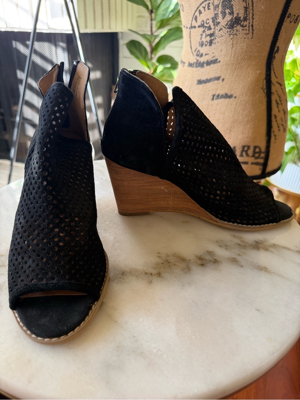Black Perforated Suede Peep-Toe Wedge Booties